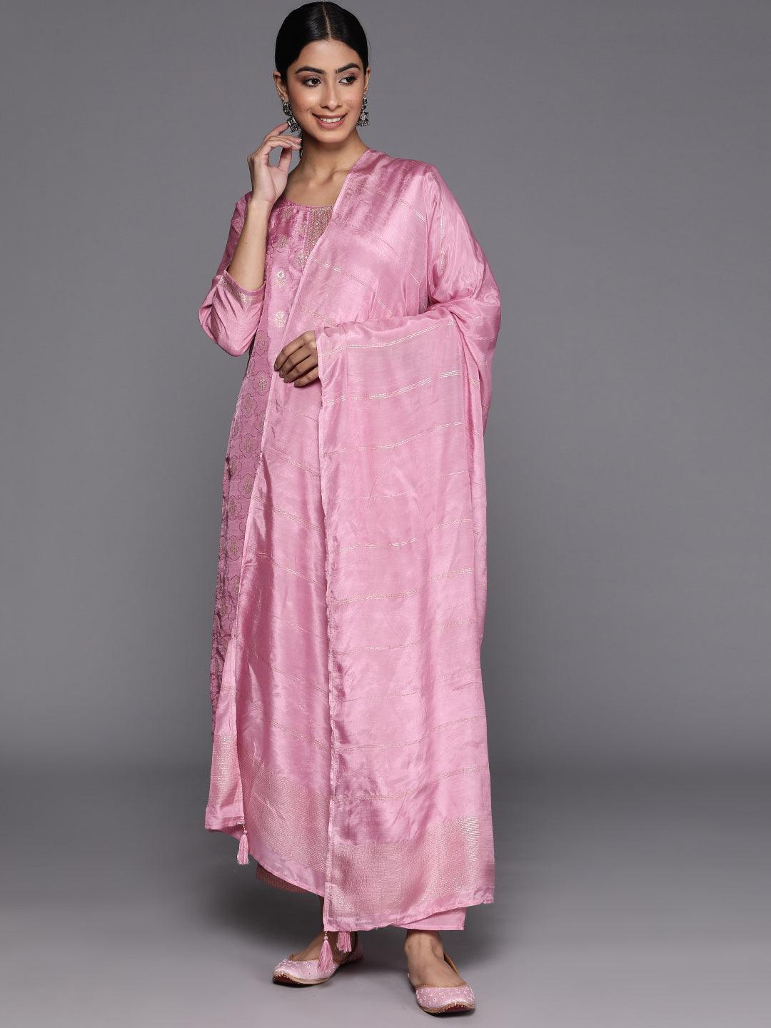 Pink Embroidered Silk Blend Suit Set With Trousers - ShopLibas