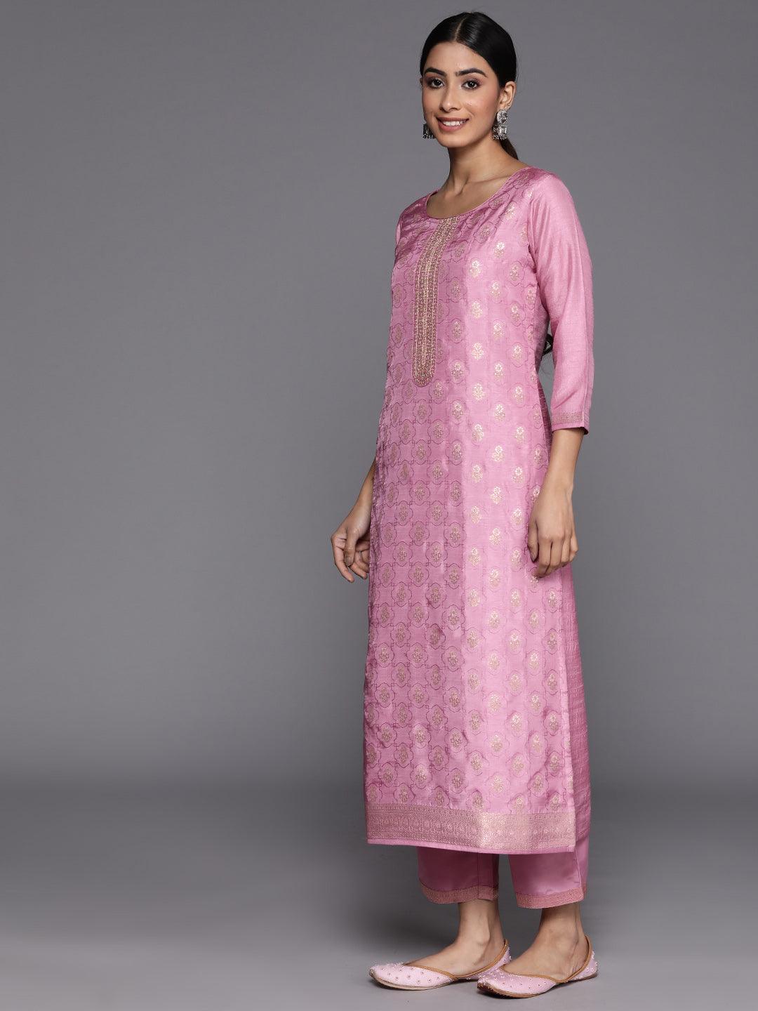 Pink Embroidered Silk Blend Suit Set With Trousers - ShopLibas