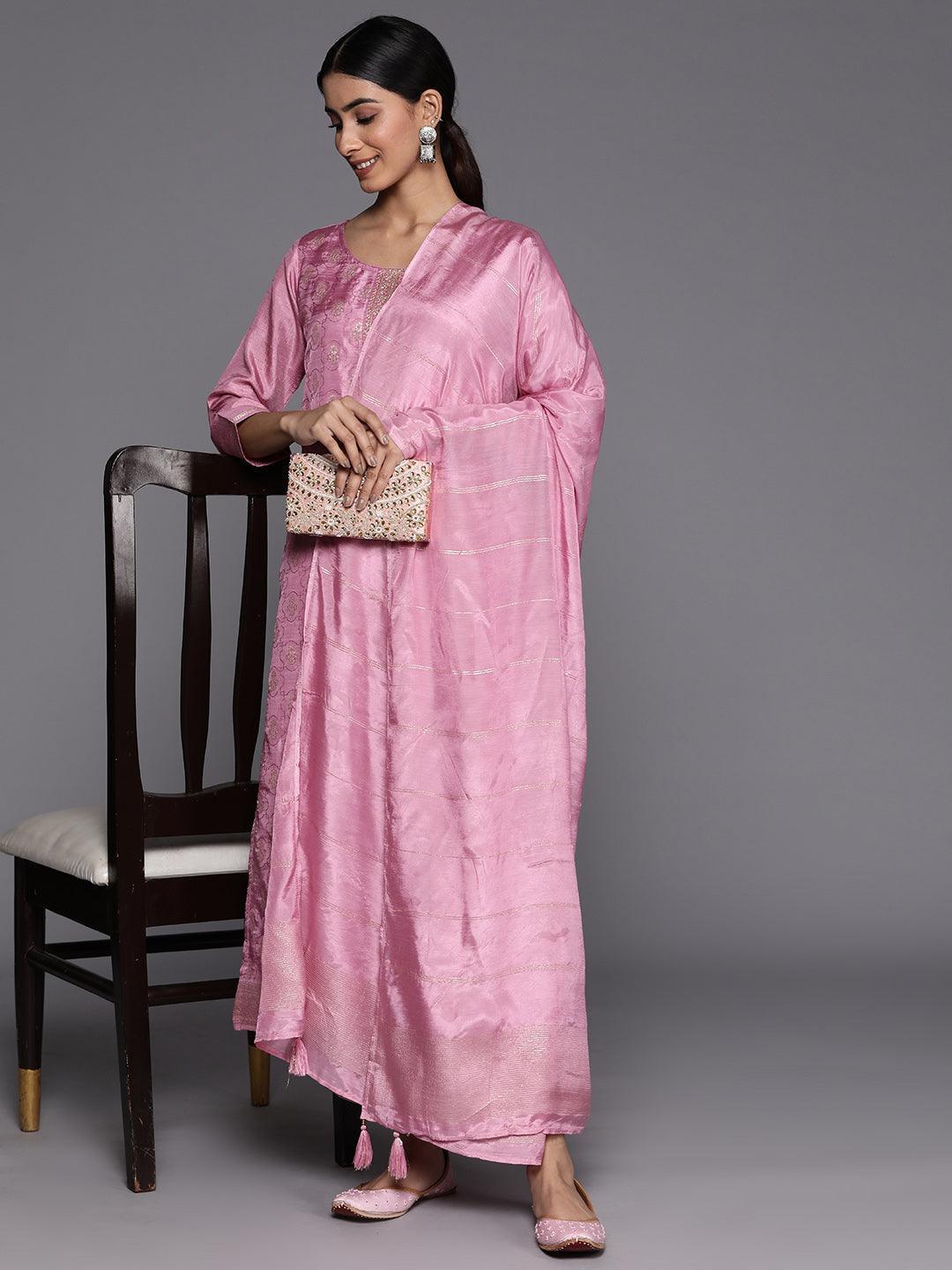 Pink Embroidered Silk Blend Suit Set With Trousers - ShopLibas
