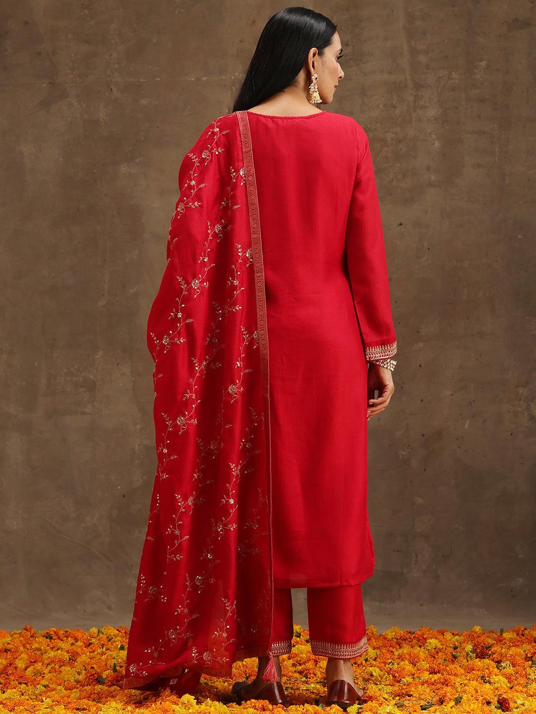 Pink Embroidered Silk Blend Suit Set With Trousers - ShopLibas