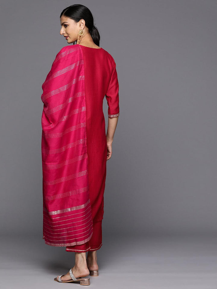 Pink Embroidered Silk Blend Straight Kurta With Trousers & Dupatta