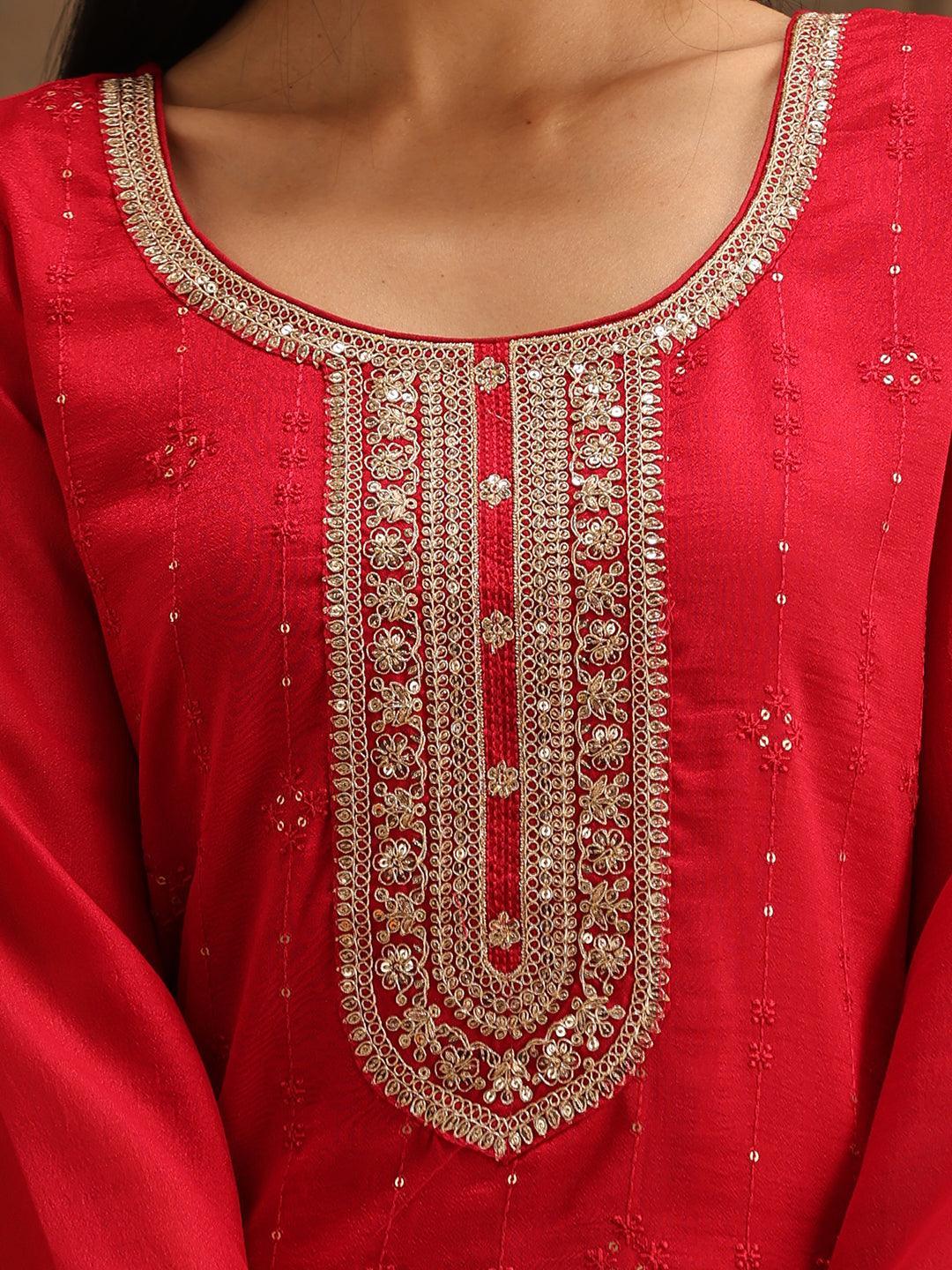 Pink Embroidered Silk Blend Suit Set With Trousers - ShopLibas