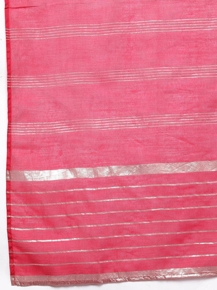 Pink Embroidered Silk Blend Straight Kurta With Trousers & Dupatta