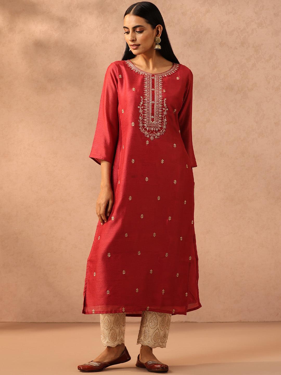 Pink Embroidered Silk Straight Kurta - ShopLibas