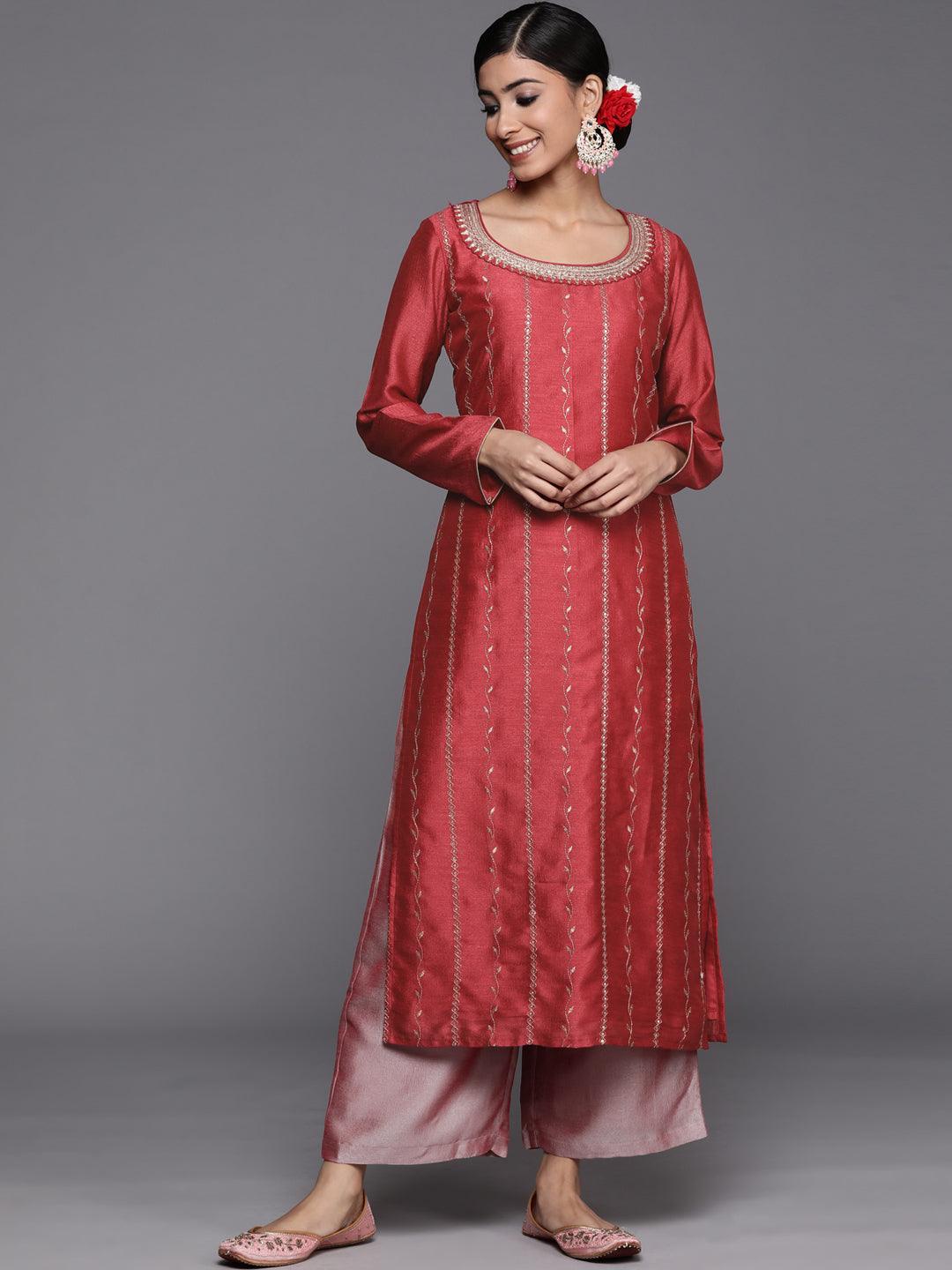 Pink Embroidered Silk Straight Kurta - ShopLibas