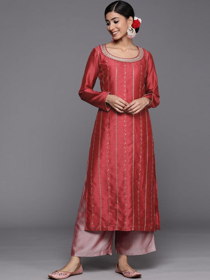 Pink Embroidered Silk Straight Kurta