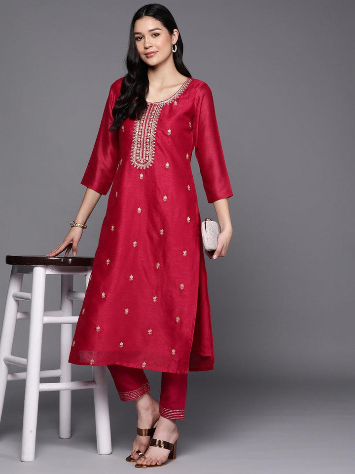 Pink Embroidered Silk Straight Kurta