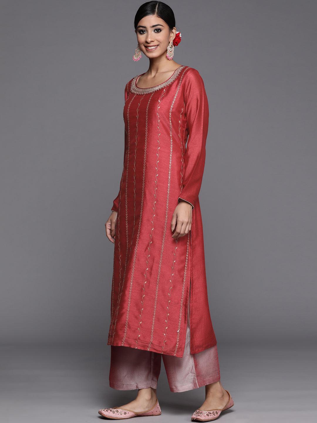 Pink Embroidered Silk Straight Kurta - ShopLibas