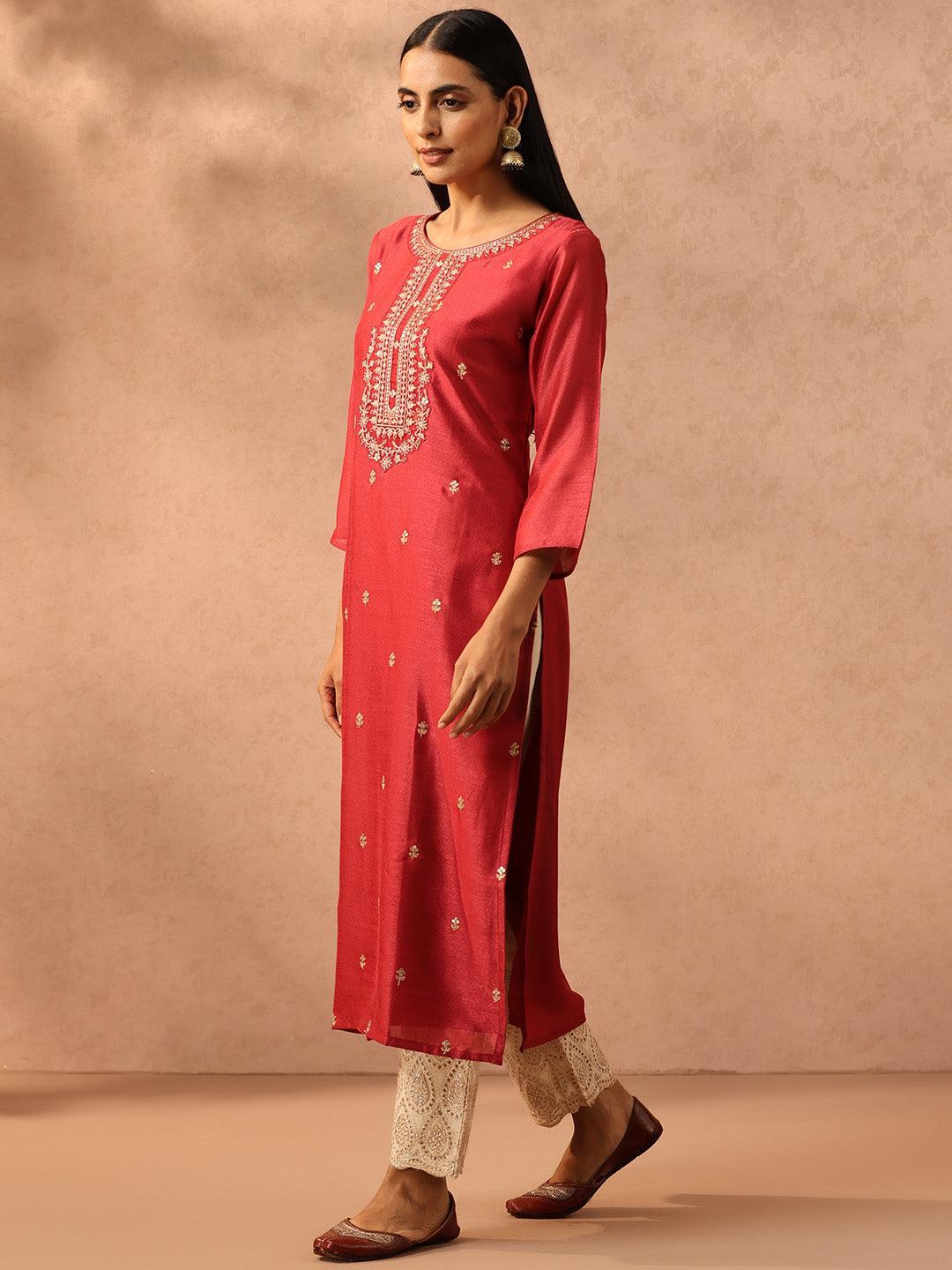 Pink Embroidered Silk Straight Kurta - ShopLibas