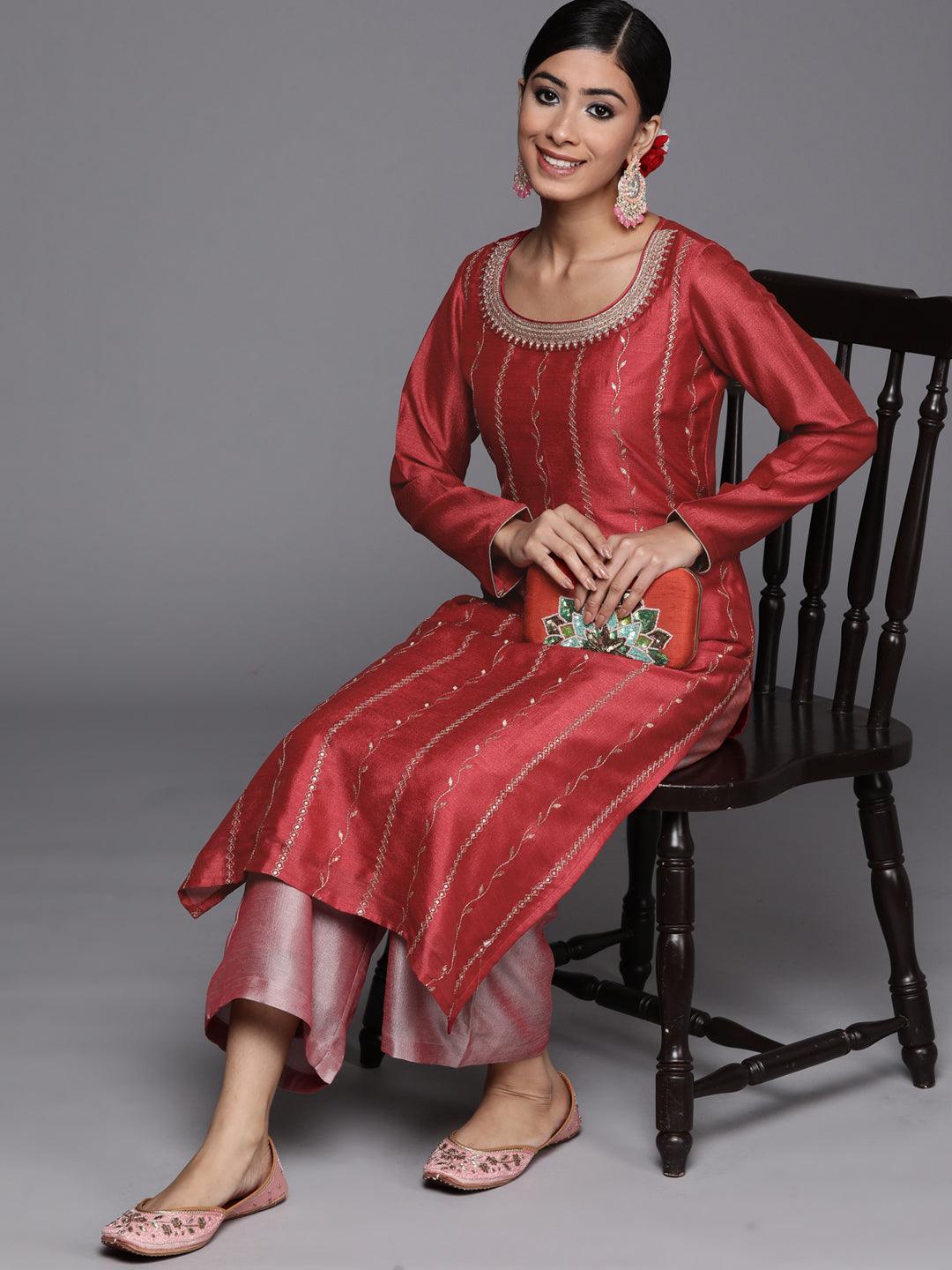 Pink Embroidered Silk Straight Kurta - ShopLibas