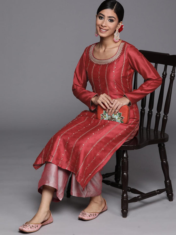 Pink Embroidered Silk Straight Kurta