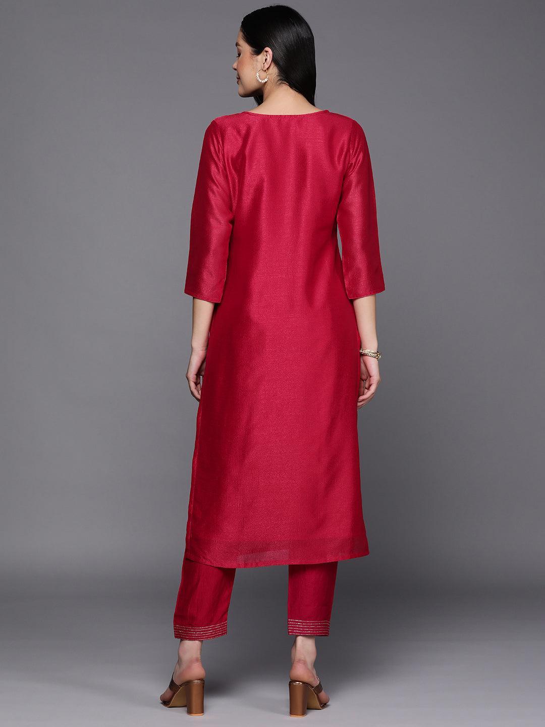 Pink Embroidered Silk Straight Kurta - ShopLibas