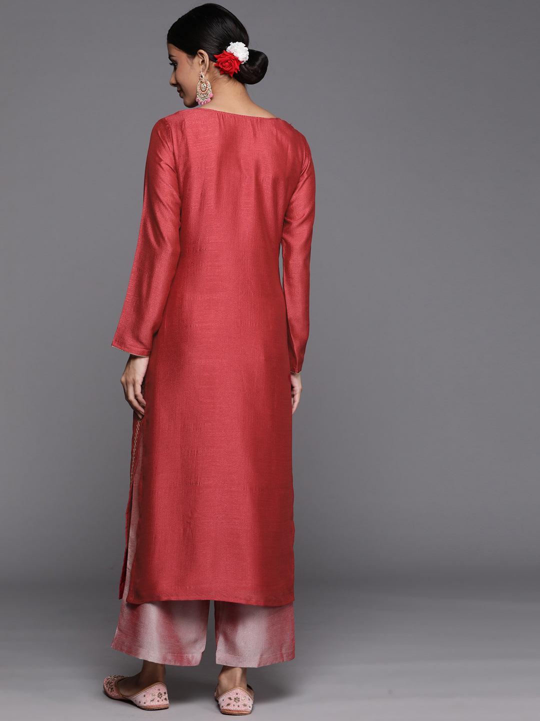 Pink Embroidered Silk Straight Kurta - ShopLibas