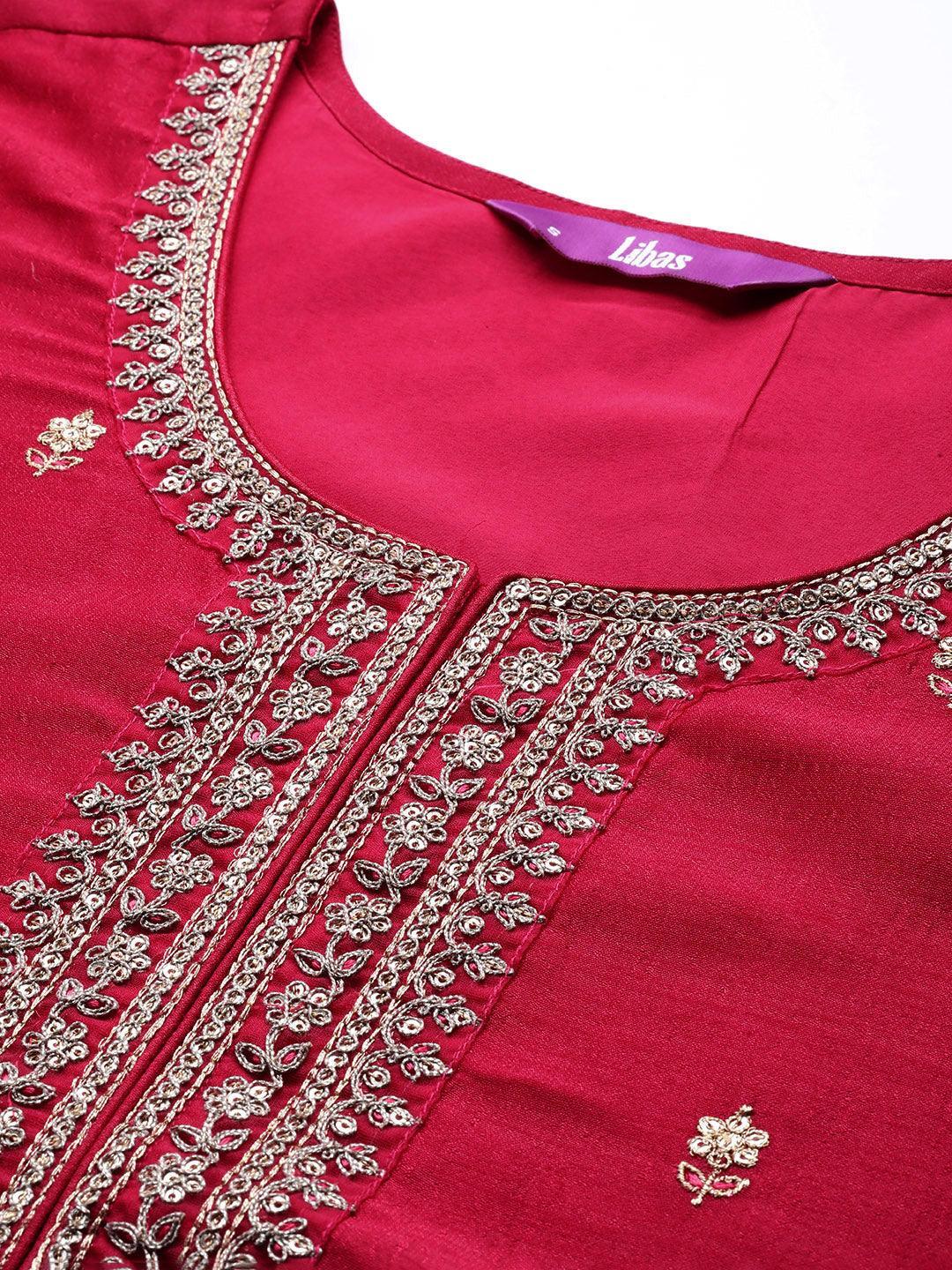 Pink Embroidered Silk Straight Kurta - ShopLibas