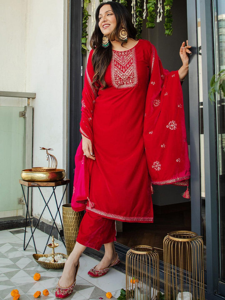 Pink Embroidered Velvet Straight Suit Set
