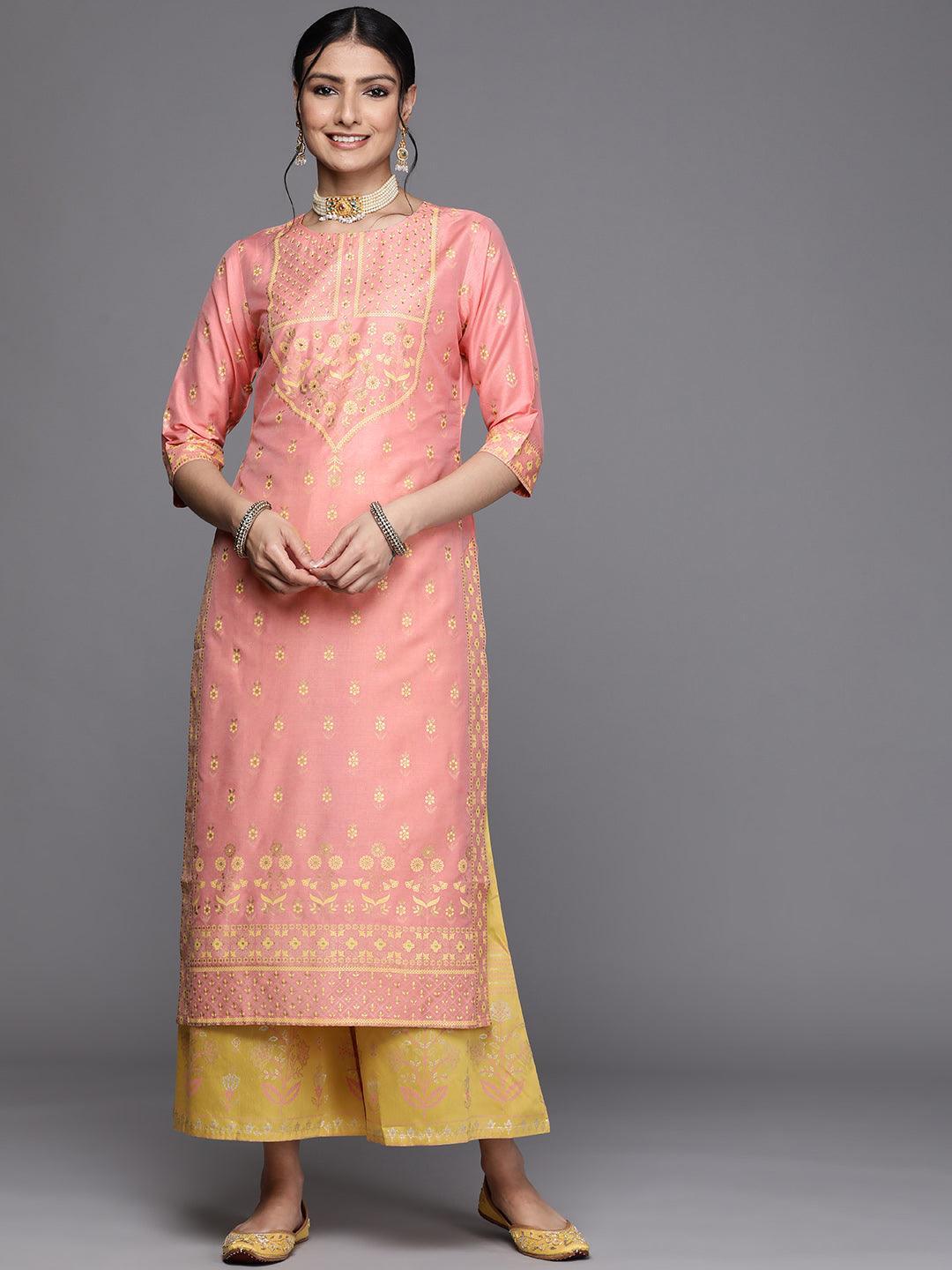 Pink Printed Chanderi Silk Kurta - ShopLibas