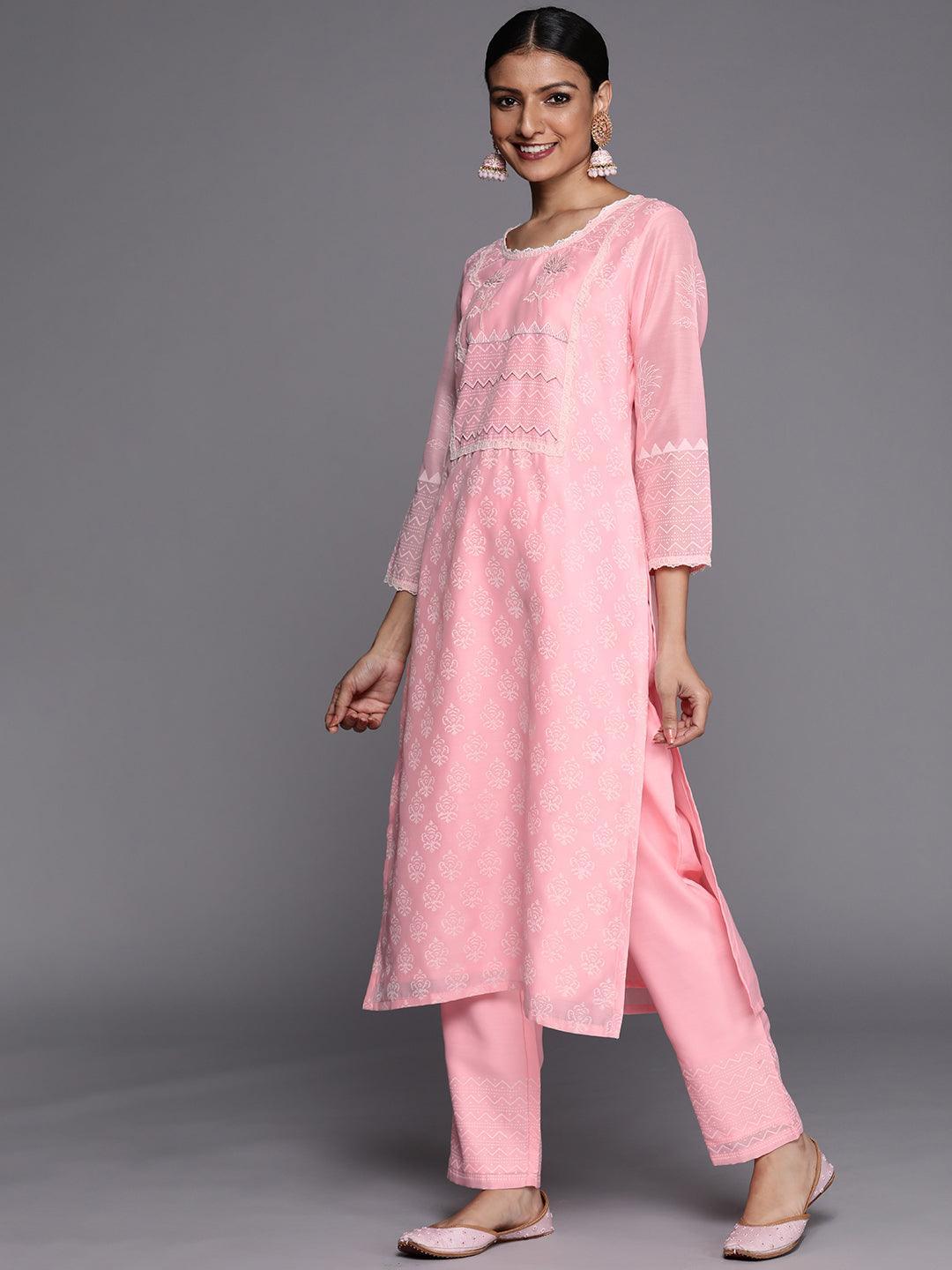 Pink Printed Chanderi Silk Straight Suit Set - ShopLibas