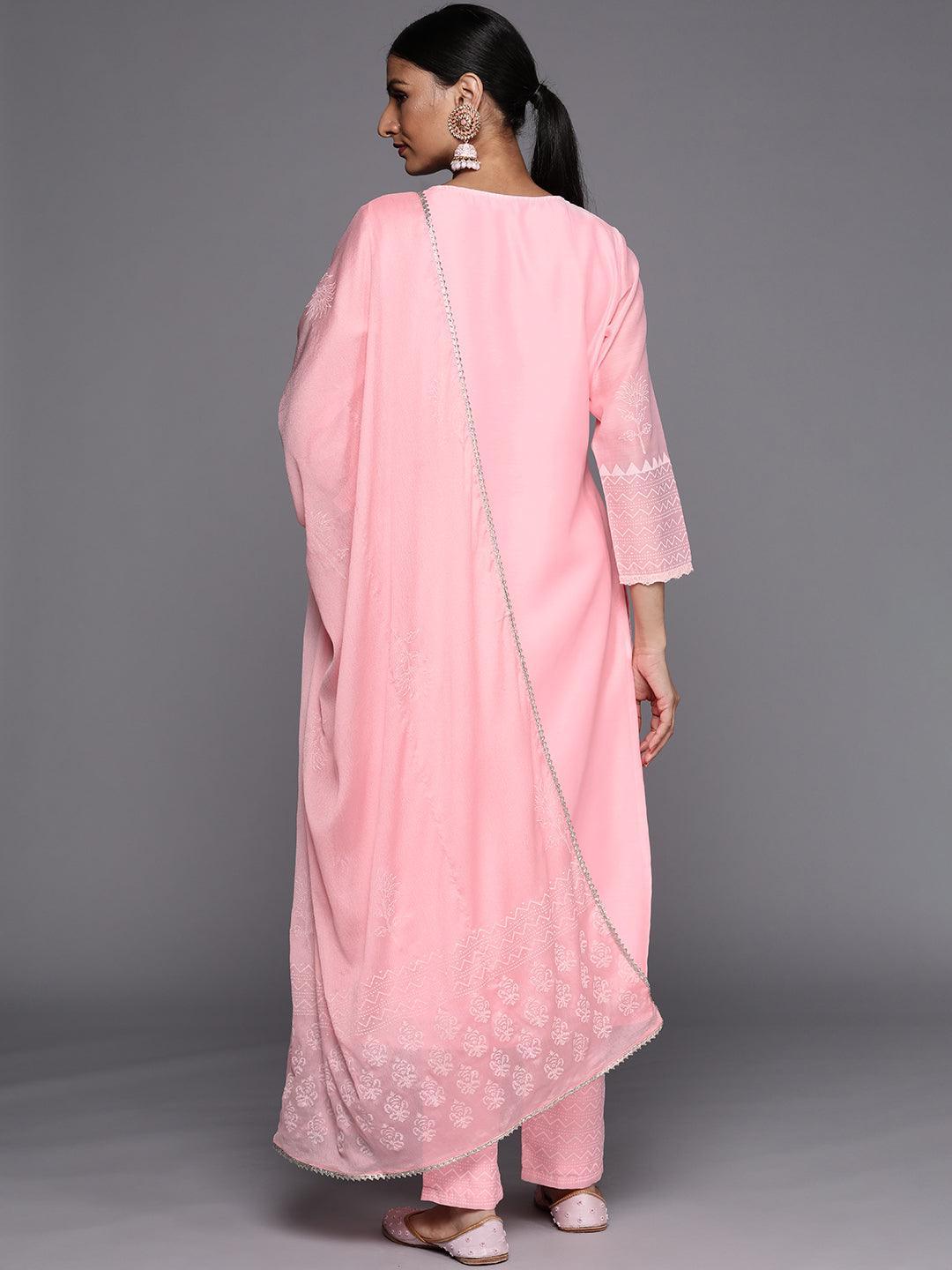 Pink Printed Chanderi Silk Straight Suit Set - ShopLibas
