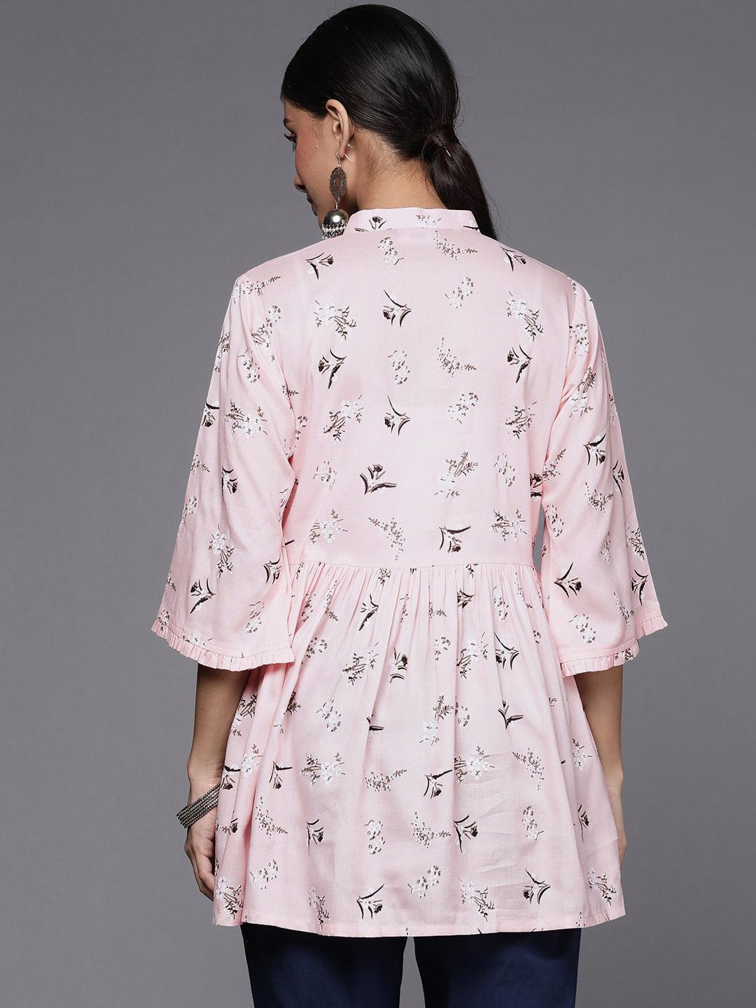 Pink Printed Cotton A-Line Kurti - ShopLibas