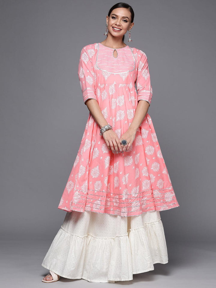 Pink Printed Cotton Anarkali Kurta