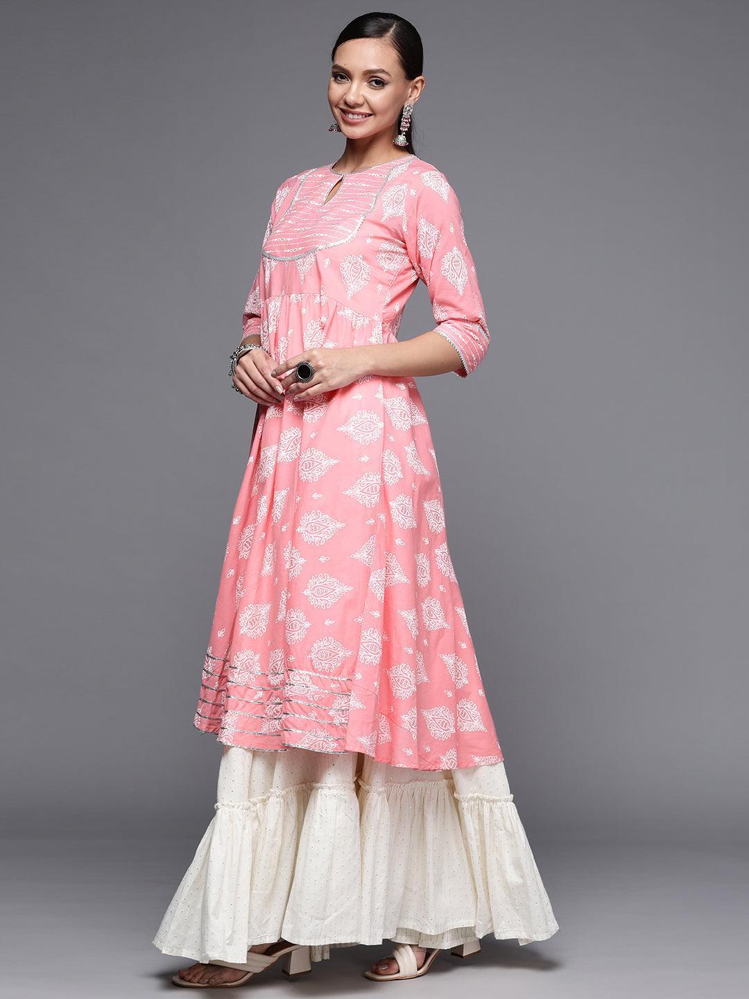 Pink Printed Cotton Anarkali Kurta - ShopLibas