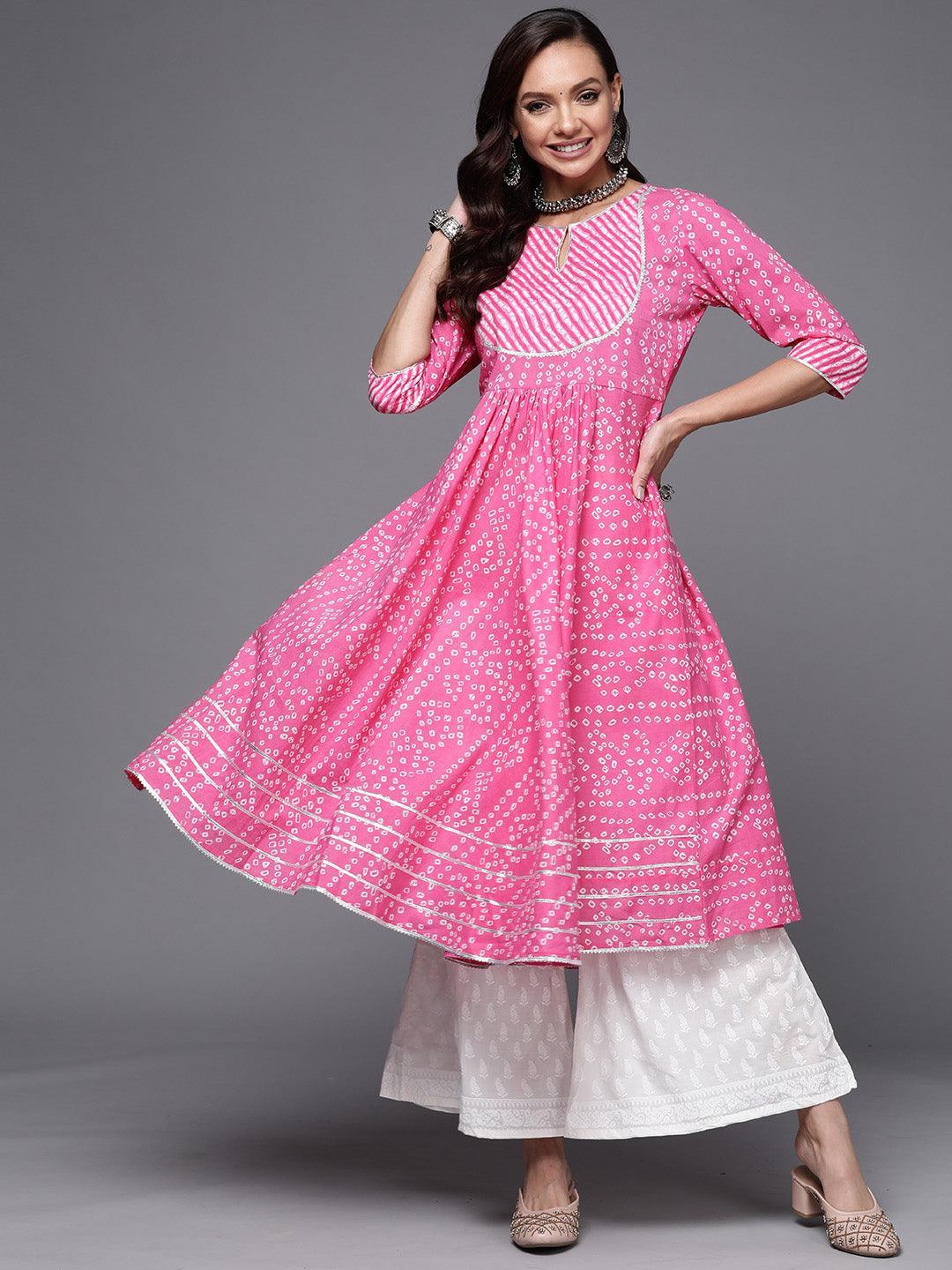 Pink Printed Cotton Anarkali Kurta - ShopLibas