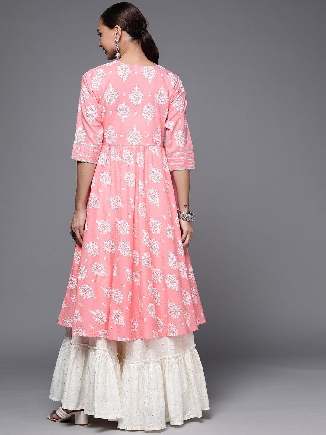 Pink Printed Cotton Anarkali Kurta - ShopLibas