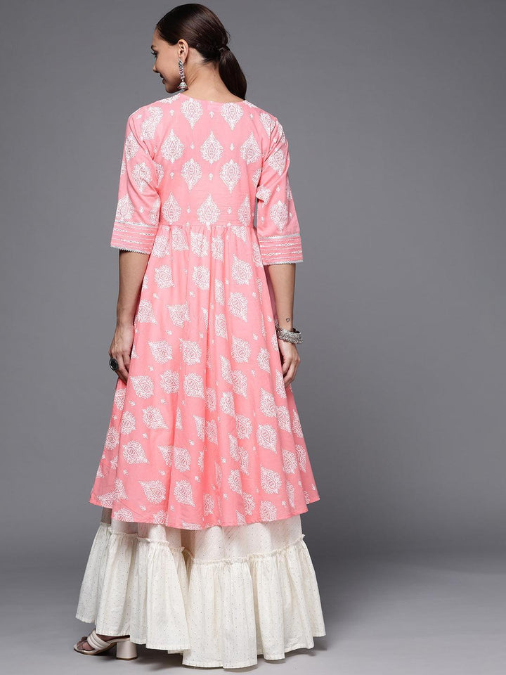 Pink Printed Cotton Anarkali Kurta