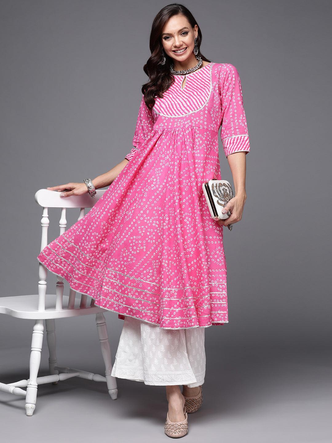 Pink Printed Cotton Anarkali Kurta - ShopLibas