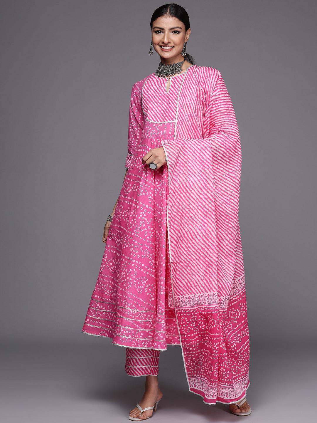 Pink Printed Cotton Anarkali Suit Set - ShopLibas