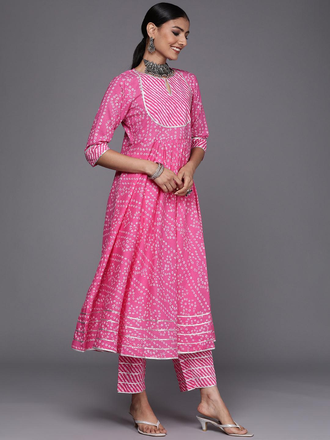 Pink Printed Cotton Anarkali Suit Set - ShopLibas