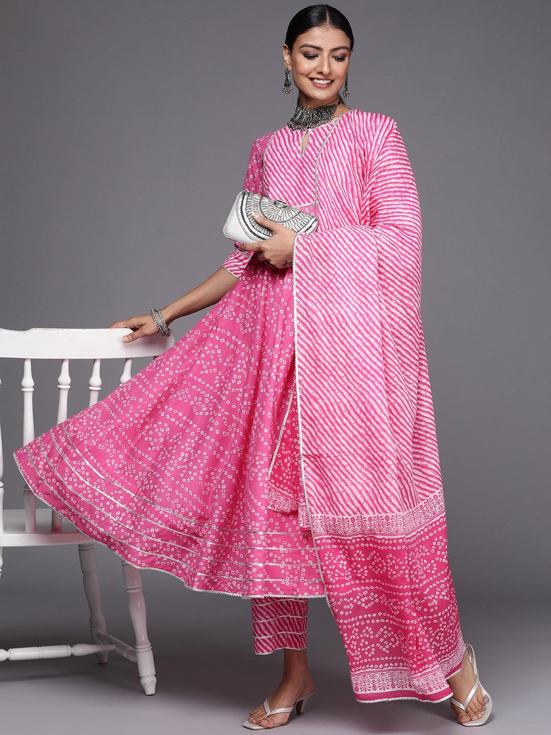 Pink Printed Cotton Anarkali Suit Set - ShopLibas