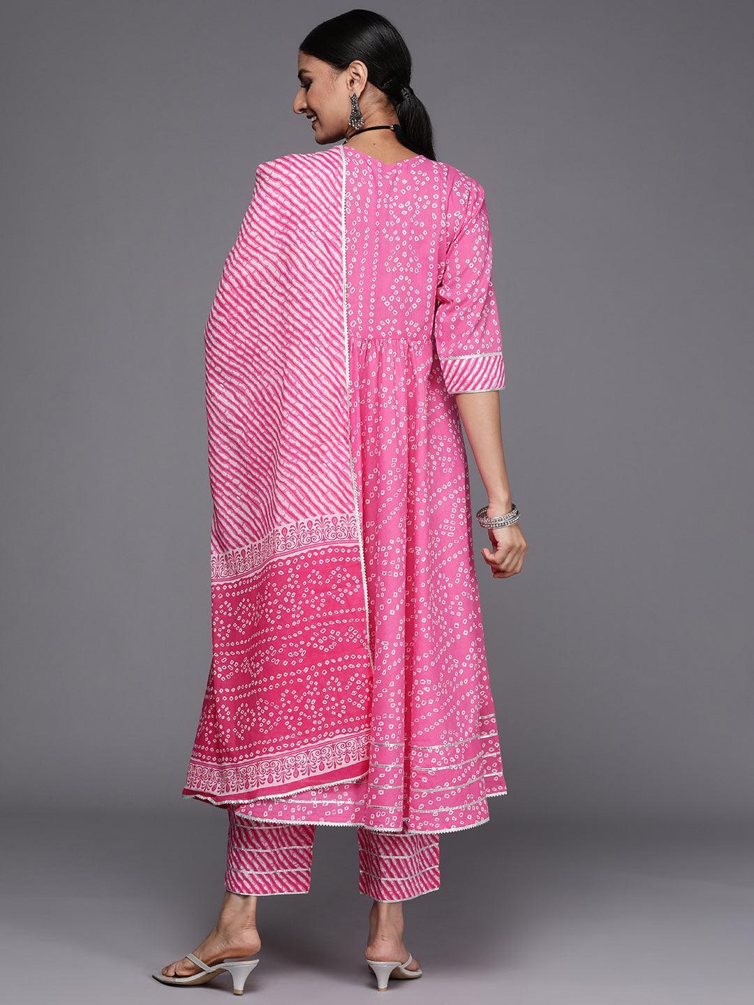 Pink Printed Cotton Anarkali Suit Set - ShopLibas