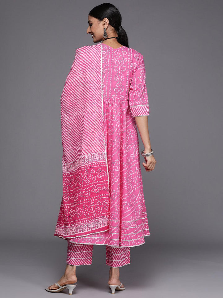Pink Printed Cotton Anarkali Suit Set