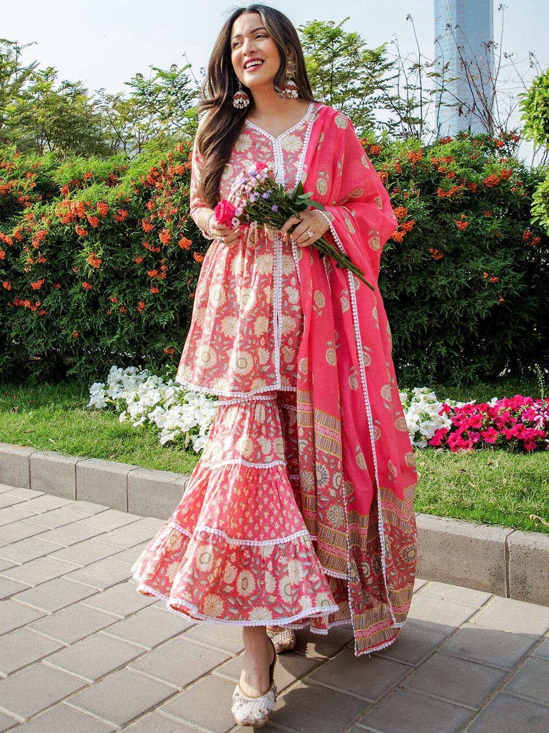 Buy Libas Pink Printed Cotton Anarkali Sharara Suit Set With Dupatta Online in USA at $59.00