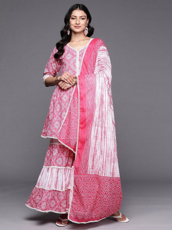 Pink Printed Cotton Anarkali Sharara Suit Set