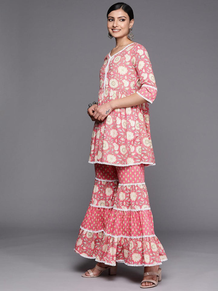 Pink Printed Cotton Anarkali Sharara Suit Set