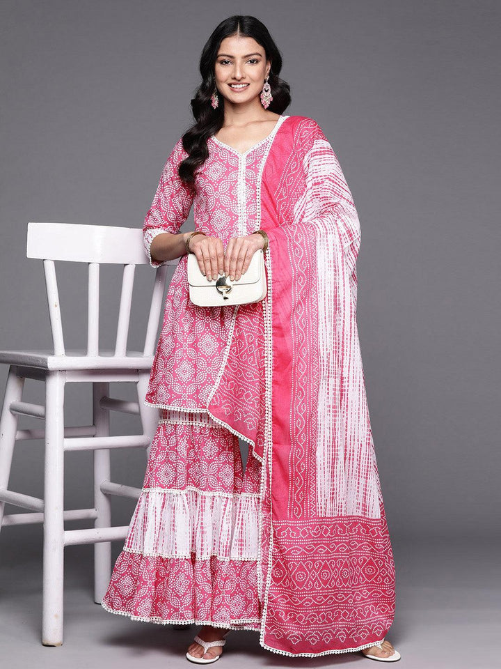 Pink Printed Cotton Anarkali Sharara Suit Set