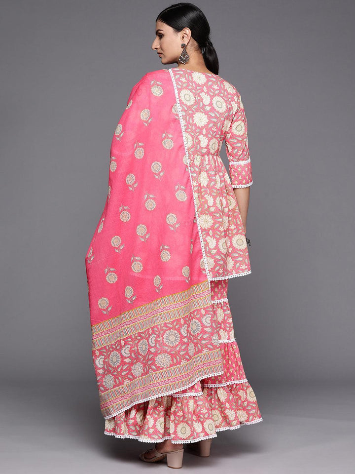 Pink Printed Cotton Anarkali Sharara Suit Set