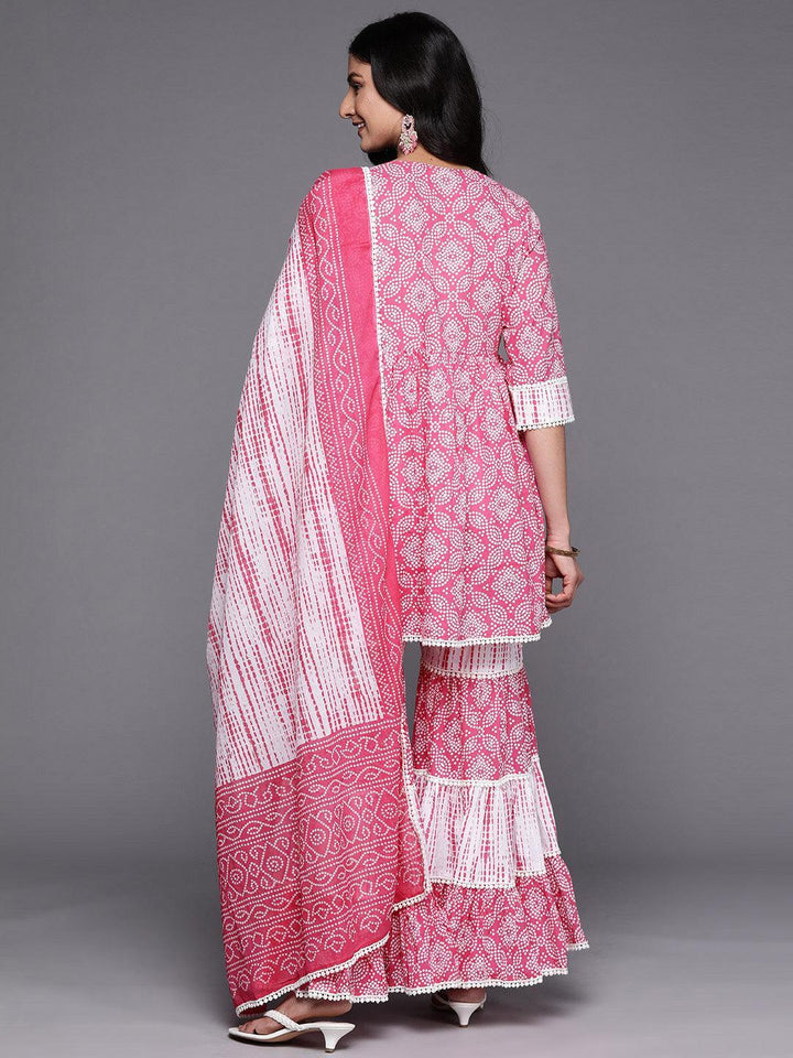 Pink Printed Cotton Anarkali Sharara Suit Set