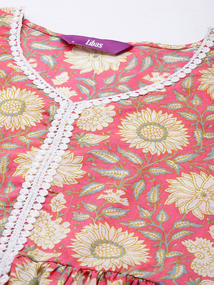 Pink Printed Cotton Anarkali Sharara Suit Set