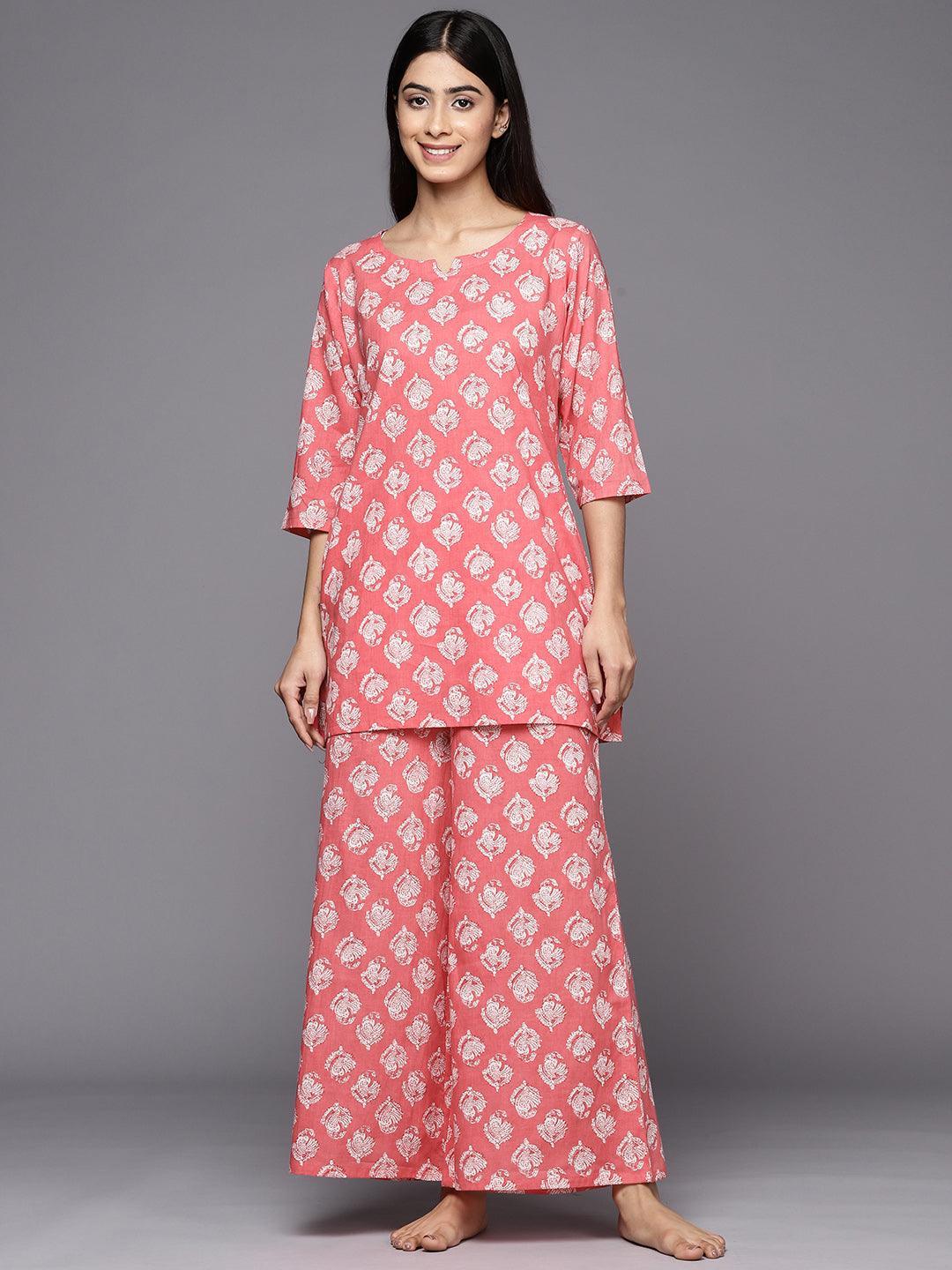 Buy Pink Printed Cotton Night Suit Online at Libas