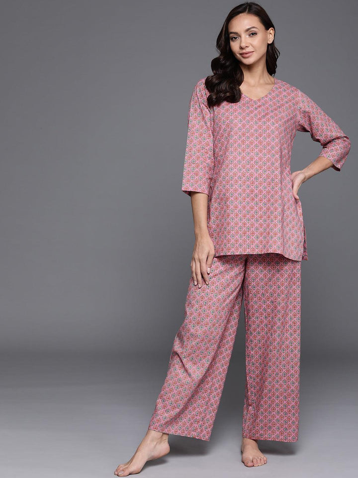 Pink Printed Cotton Night Suit