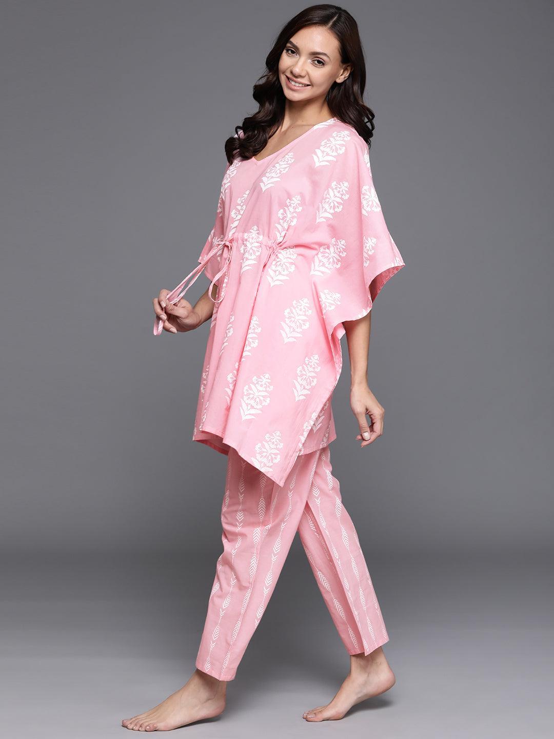 Pink Printed Cotton Night Suit - ShopLibas