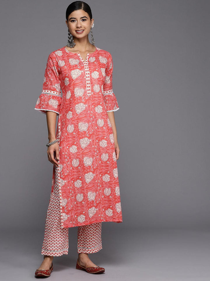 Pink Printed Cotton Straight Kurta
