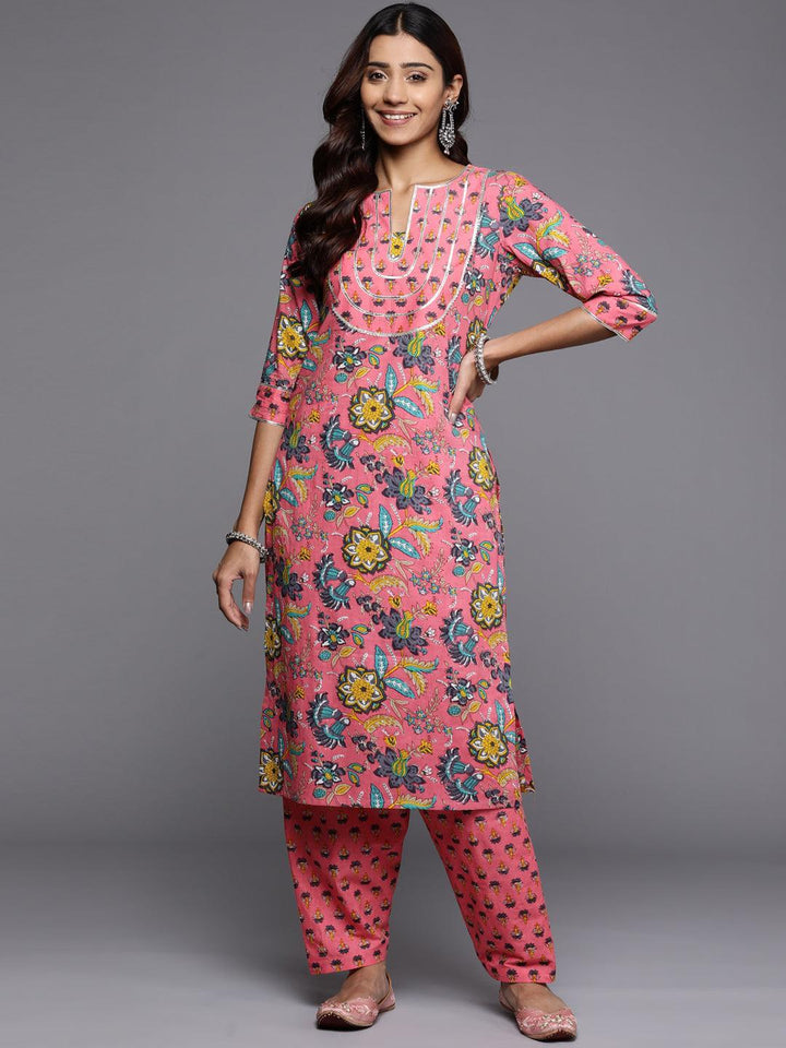 Pink Printed Cotton Straight Kurta