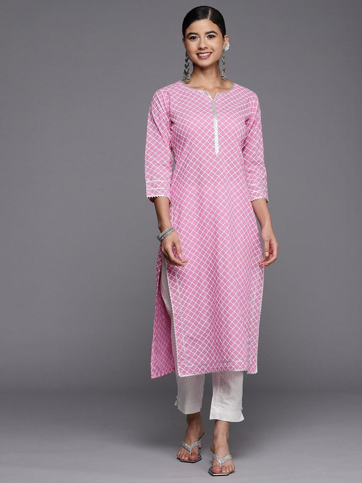 Pink Printed Cotton Straight Kurta