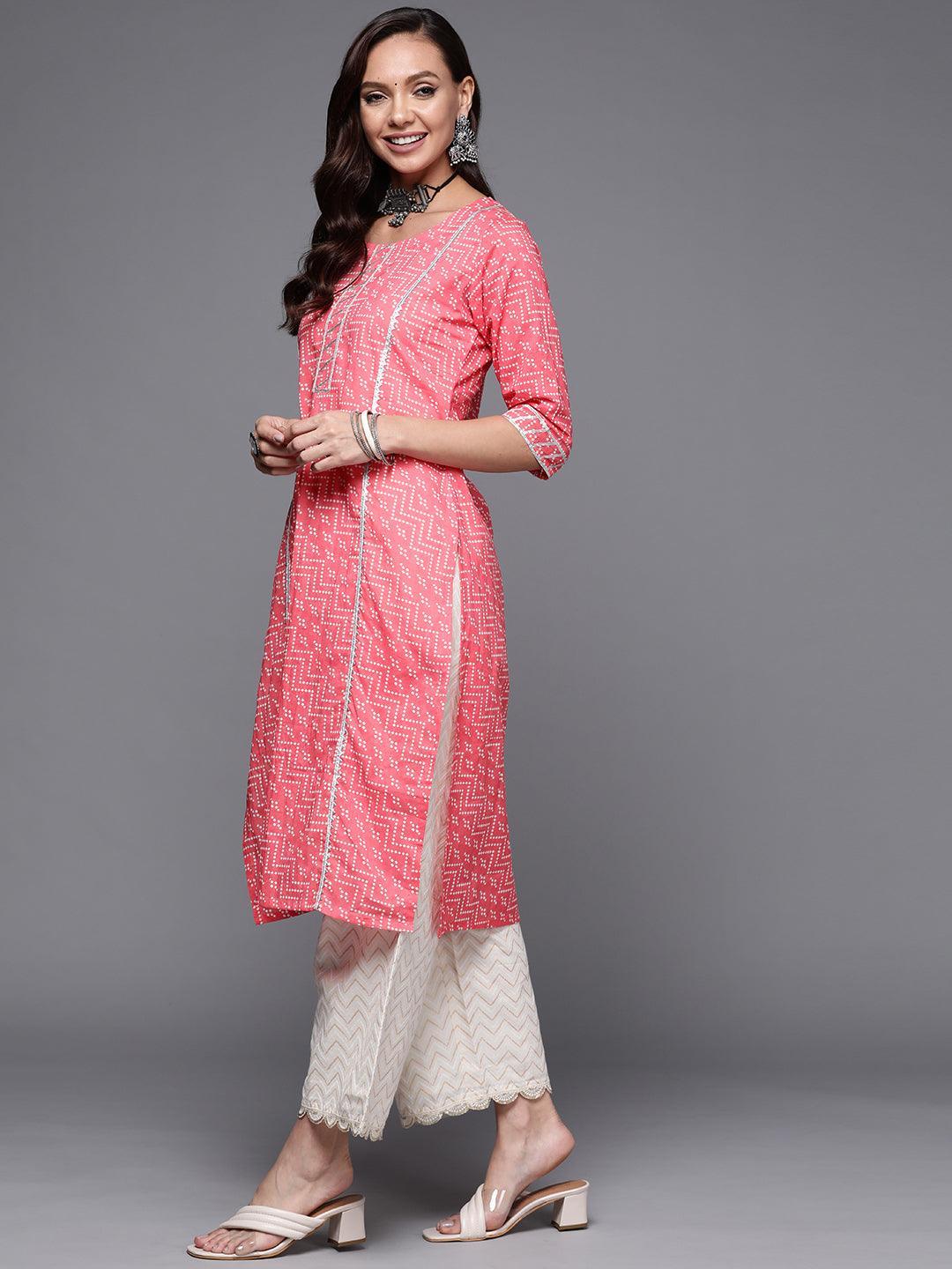 Pink Printed Cotton Straight Kurta - ShopLibas