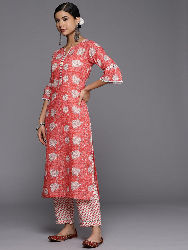 Pink Printed Cotton Straight Kurta