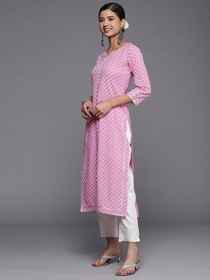 Pink Printed Cotton Straight Kurta